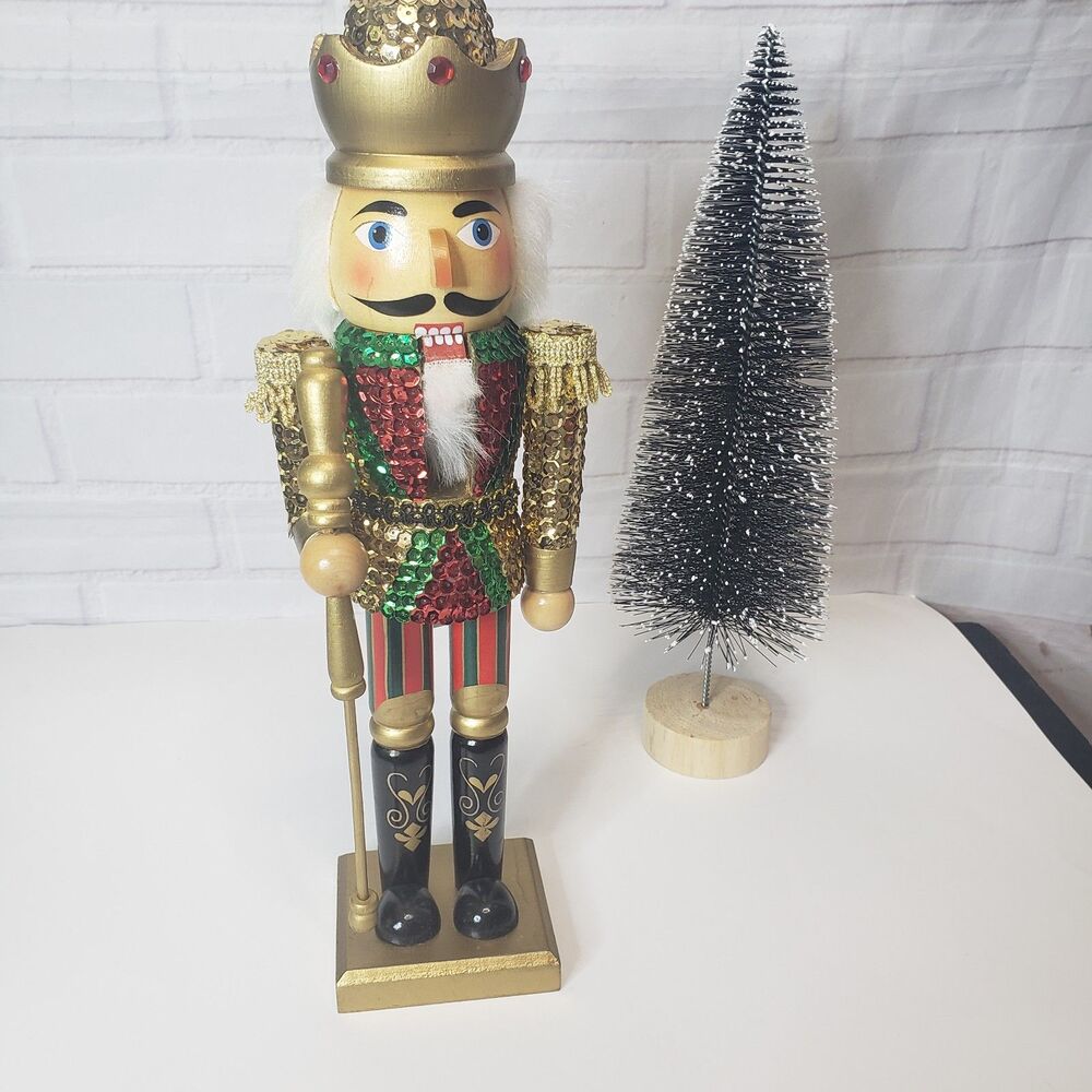 Vintage Style 15" Wooden Christmas Nutcracker King Red Green Gold Sequin Jacket